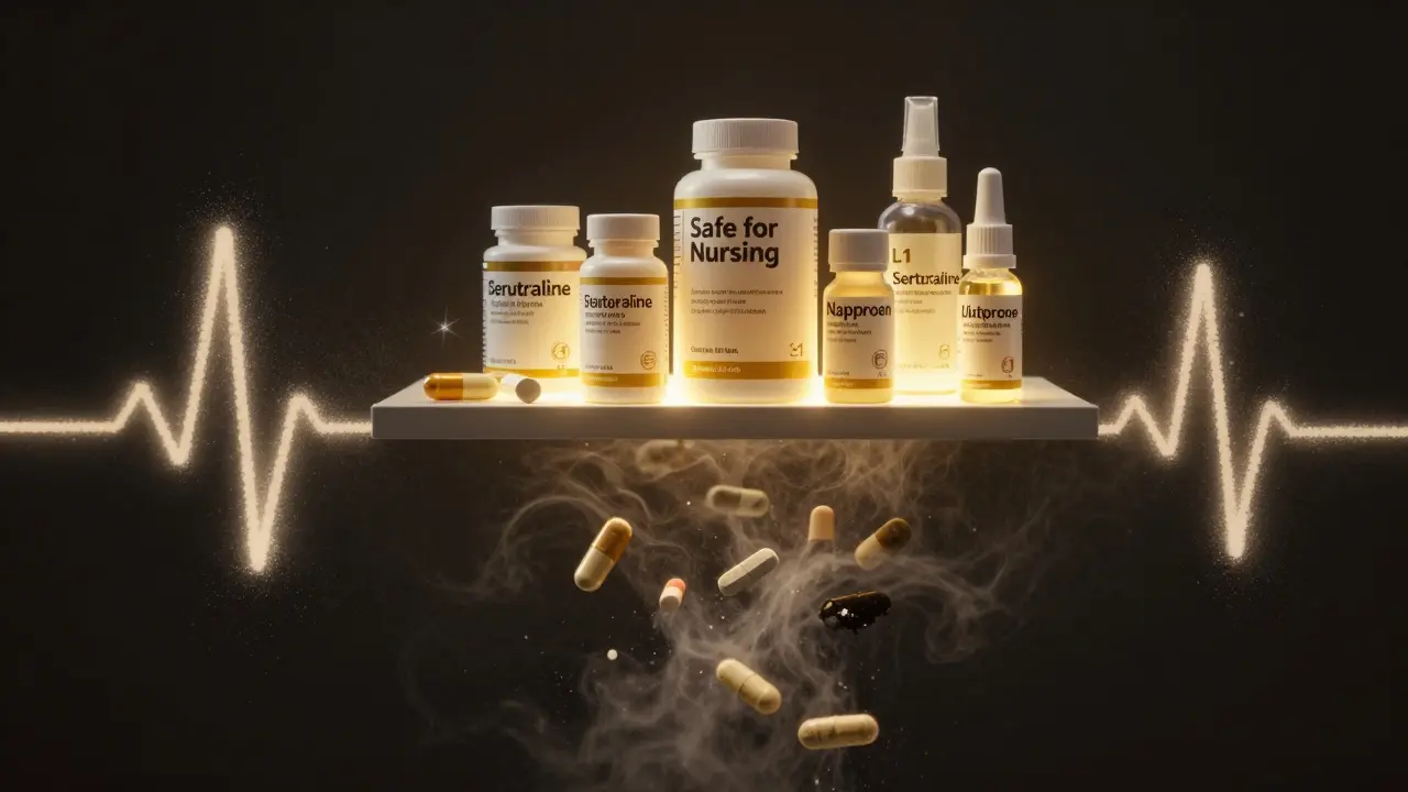 A floating pharmacy shelf with safe drugs glowing and unsafe ones disintegrating into dust.