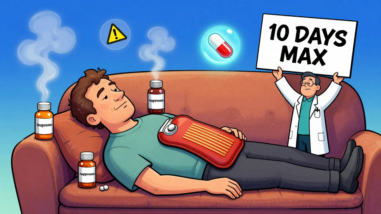 A man on a couch with pill bottles smoking beside him, while a doctor holds up a '10 DAYS MAX' sign and a peaceful acetaminophen tablet floats nearby.