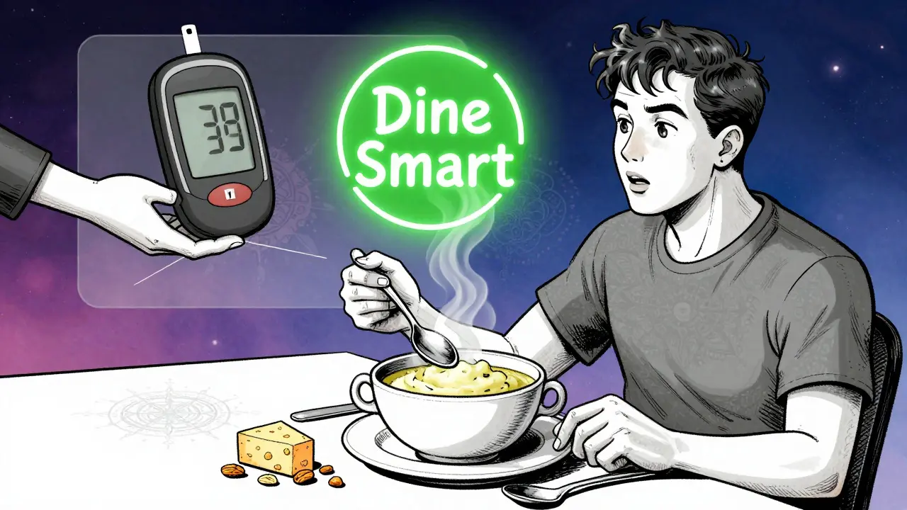 A person asking for sauce on the side with a glowing 'Dine Smart' symbol above their meal.