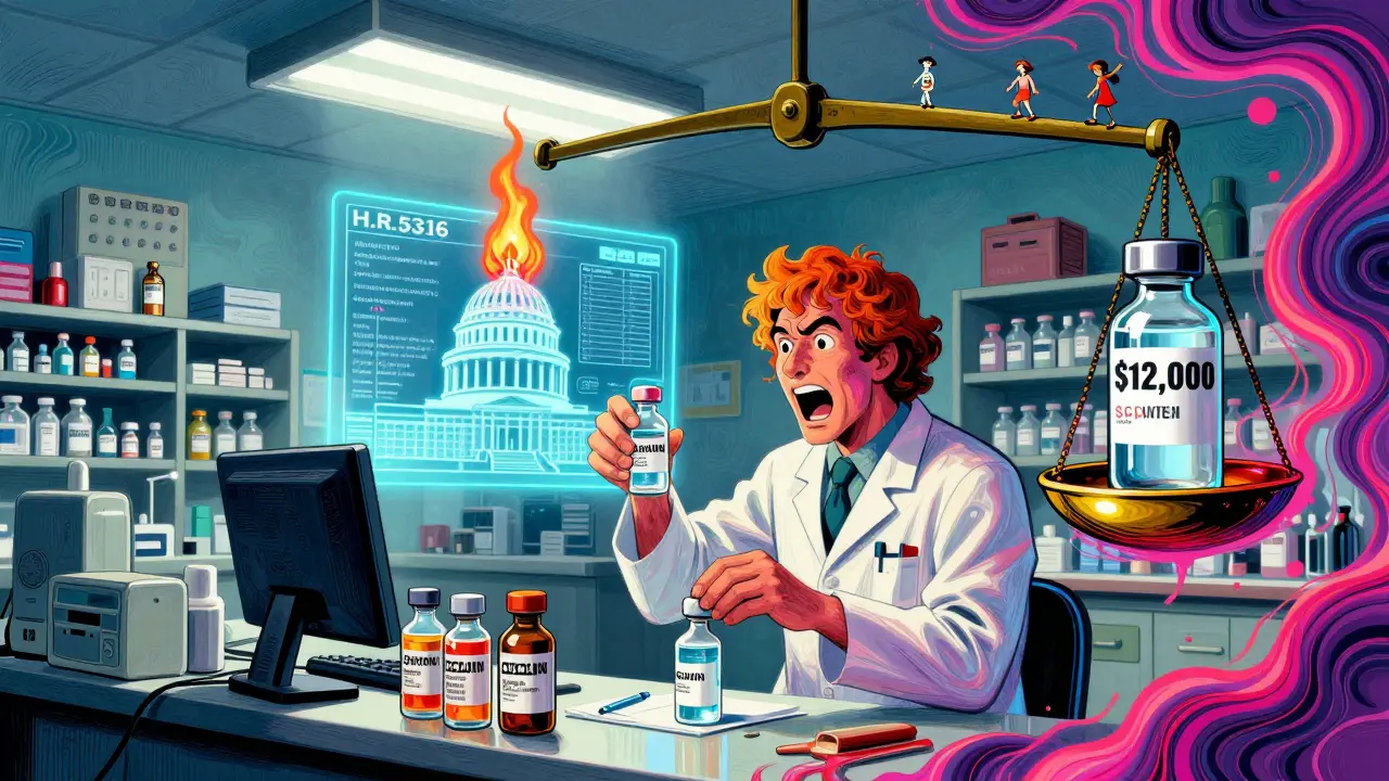 A pharmacist compounding medicine from raw chemicals as a burning bill and drug price imbalance loom overhead.