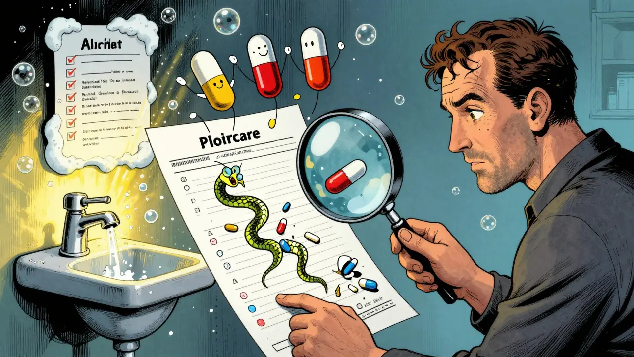 A pharmacist using a magnifying glass to reveal hidden drug interactions, with generic medications as heroic figures.