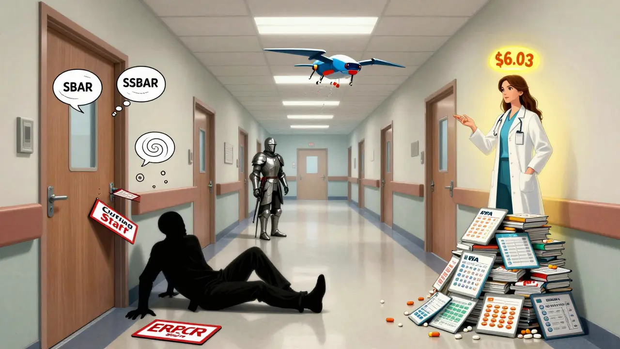 A surreal hospital hallway where cost-saving strategies are personified as heroes, while cutting staff leads to collapse.