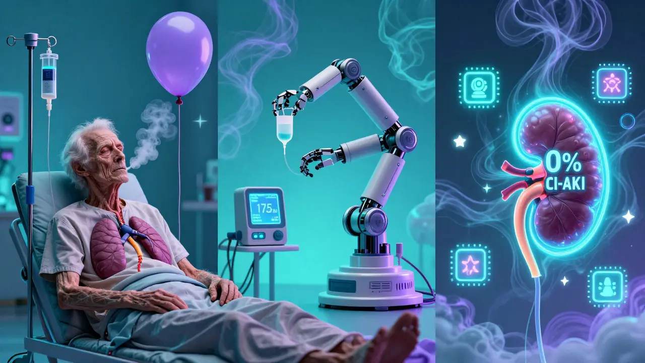 A triptych showing cautious hydration for heart failure, a high-tech RenalGuard device, and a protected kidney with AI biomarkers in psychedelic colors.