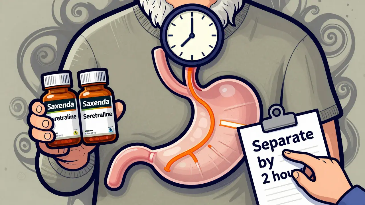 Elderly person with Saxenda and sertraline pills, a clock showing separated doses, and delayed absorption streams from the stomach.