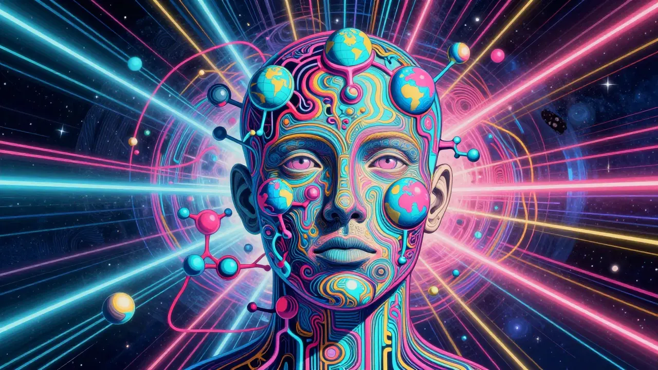 Face made of molecules and globes gazing at abstract light paths in space.