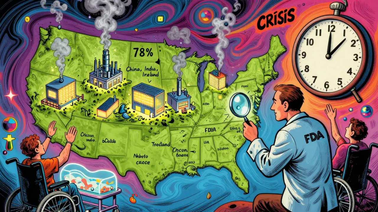 Five overloaded factories dominate U.S. drug production, with smoke rising from overseas facilities and patients reaching out.