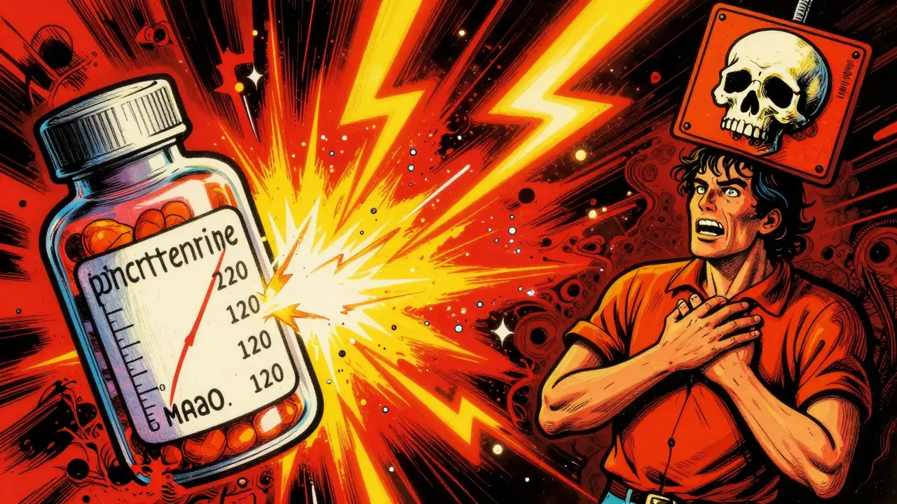 Phentermine and MAOI bottles exploding into a hypertensive storm with blood pressure readings soaring above 220/120.