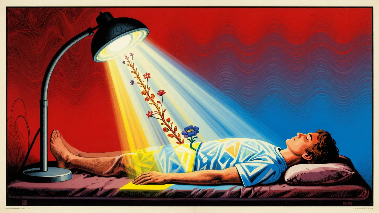 Sleeping figure enveloped by bright light therapy beams