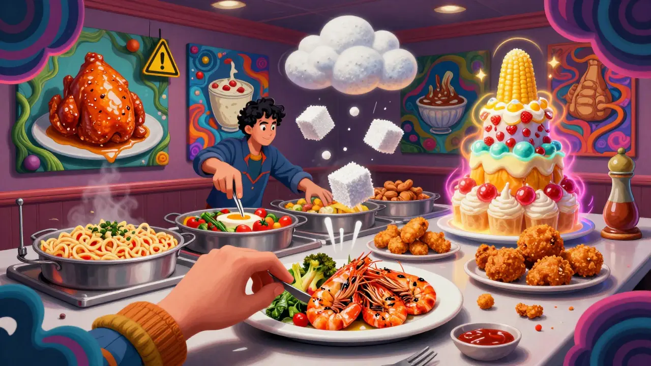 Someone selectively choosing healthy foods at a buffet while avoiding sugary and fried options.