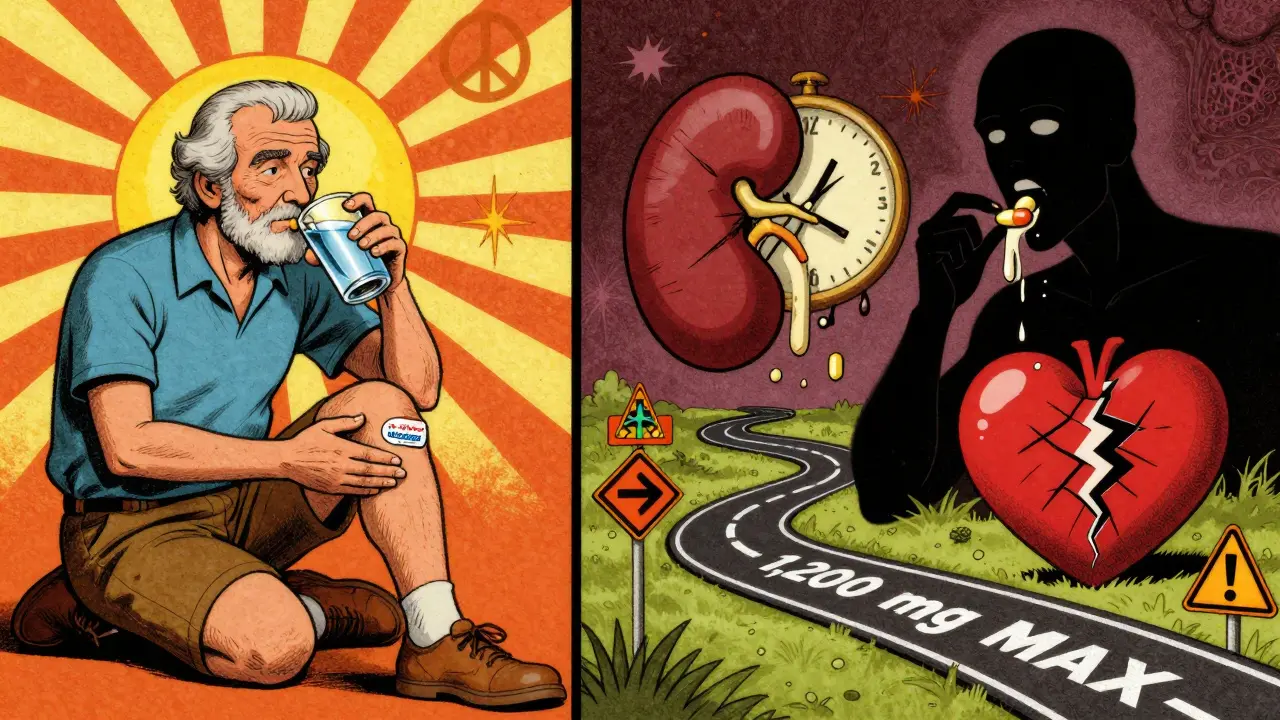 Split scene: one side shows safe topical NSAID use with sunbeams, the other shows dangerous pill overuse with a melting clock and cracking organs.