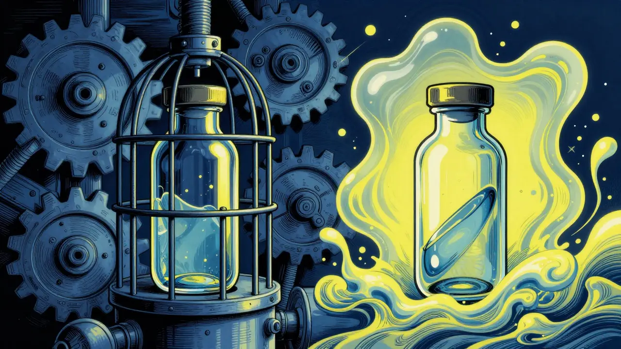 Split view of metal gears versus liquid waves protecting medicine bottles.