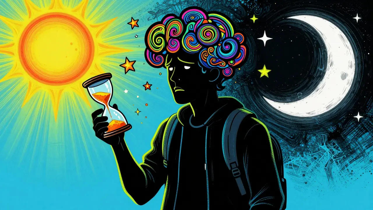 Traveler silhouette surrounded by mismatched day and night