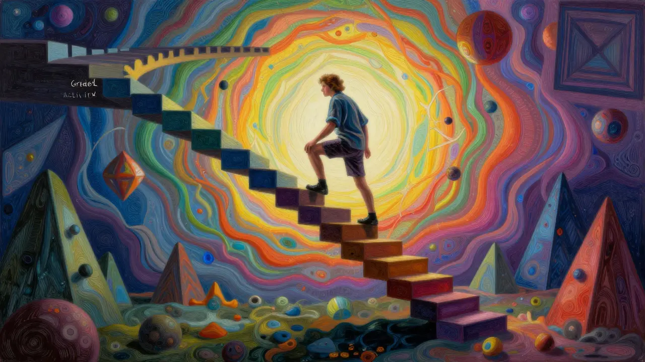 A person climbing a kaleidoscopic staircase toward a bright, colorful horizon of recovery.