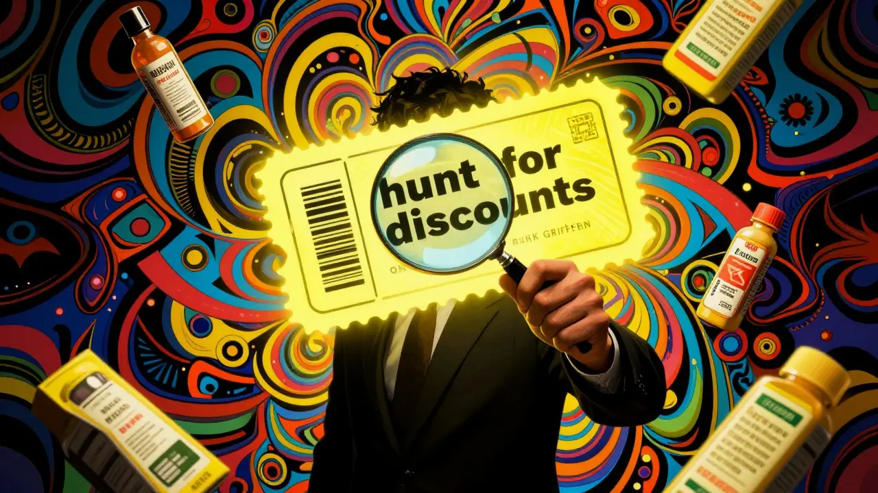 A person uses a magnifying glass to find a glowing discount coupon in a colorful surreal scene.