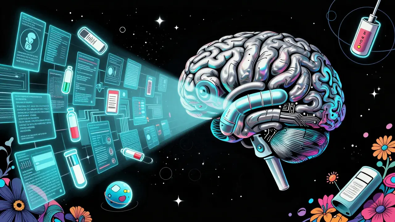 AI brain scanning medical records and drug devices in a psychedelic cosmic setting.