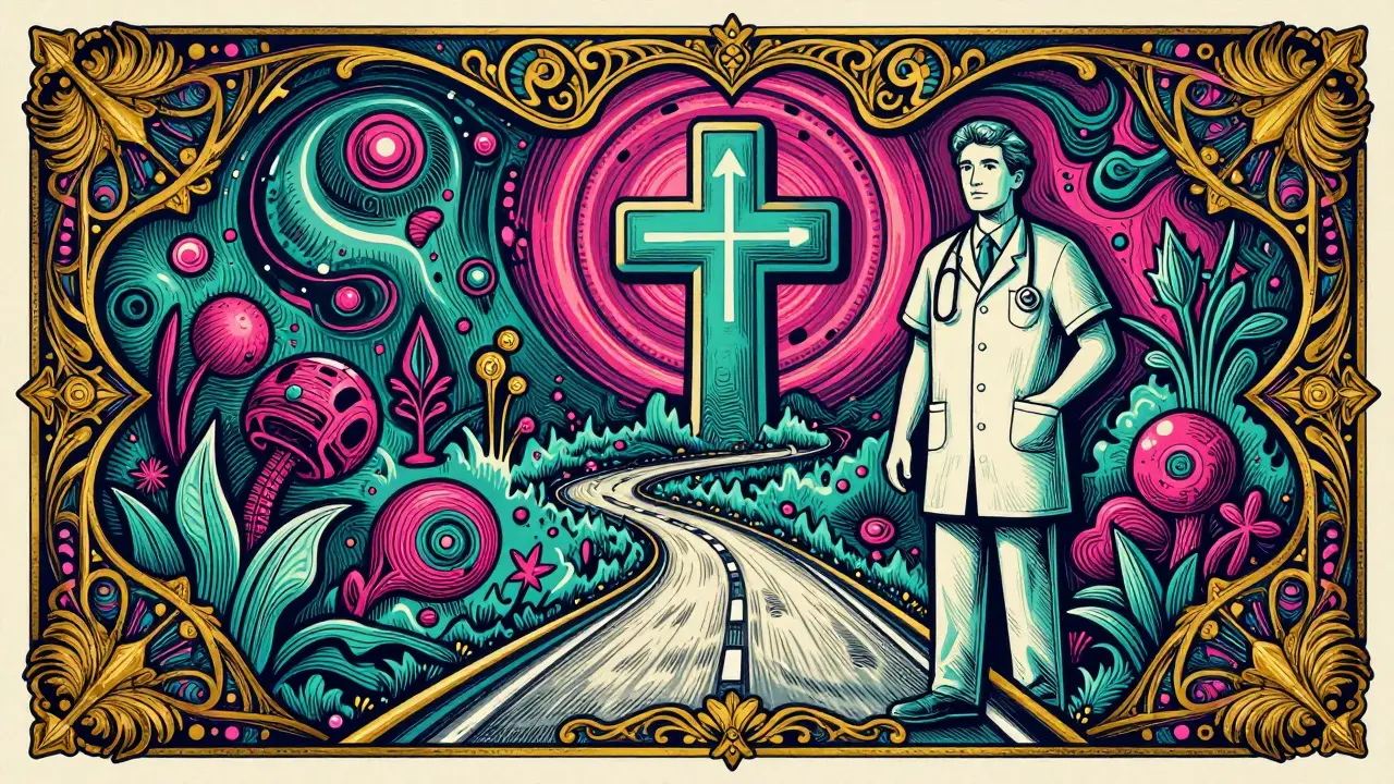 An ornate path leading toward a healthcare symbol surrounded by trippy cosmic patterns.