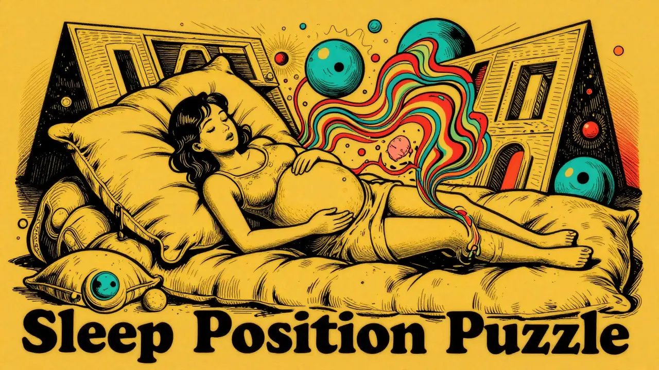 Artistic depiction of a pregnant woman sleeping on her left side with support pillows.