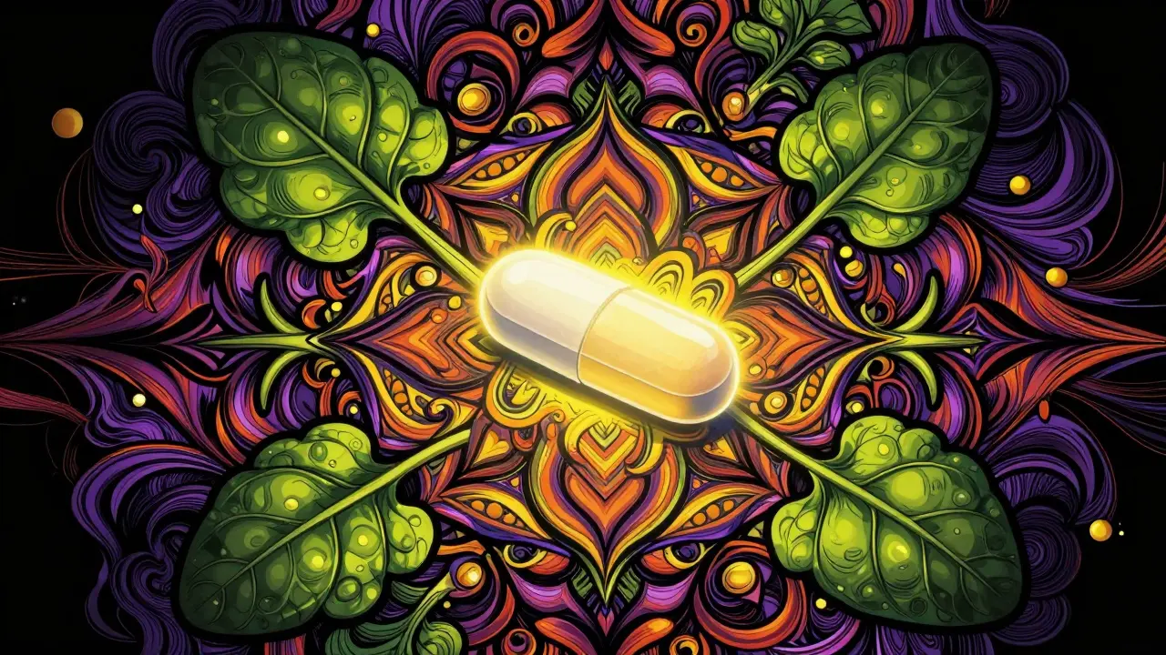 Artistic mandala featuring a vitamin tablet surrounded by stylized leaves and lentils in vibrant colors.
