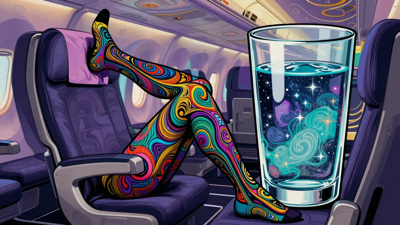 Cartoon of a passenger in a plane wearing compression stockings and drinking water