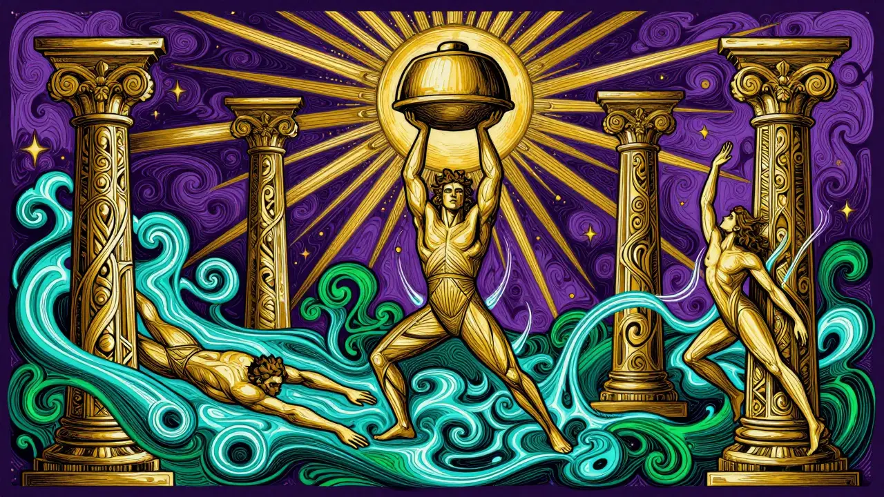 Rick Griffin style art showing a person swimming, lifting weights, and stretching in a colorful swirl.