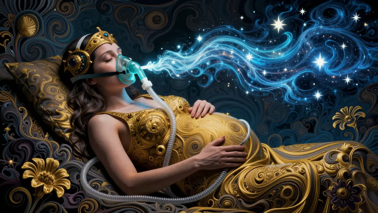 Stylized art of a pregnant woman using a CPAP machine with cosmic air flows.