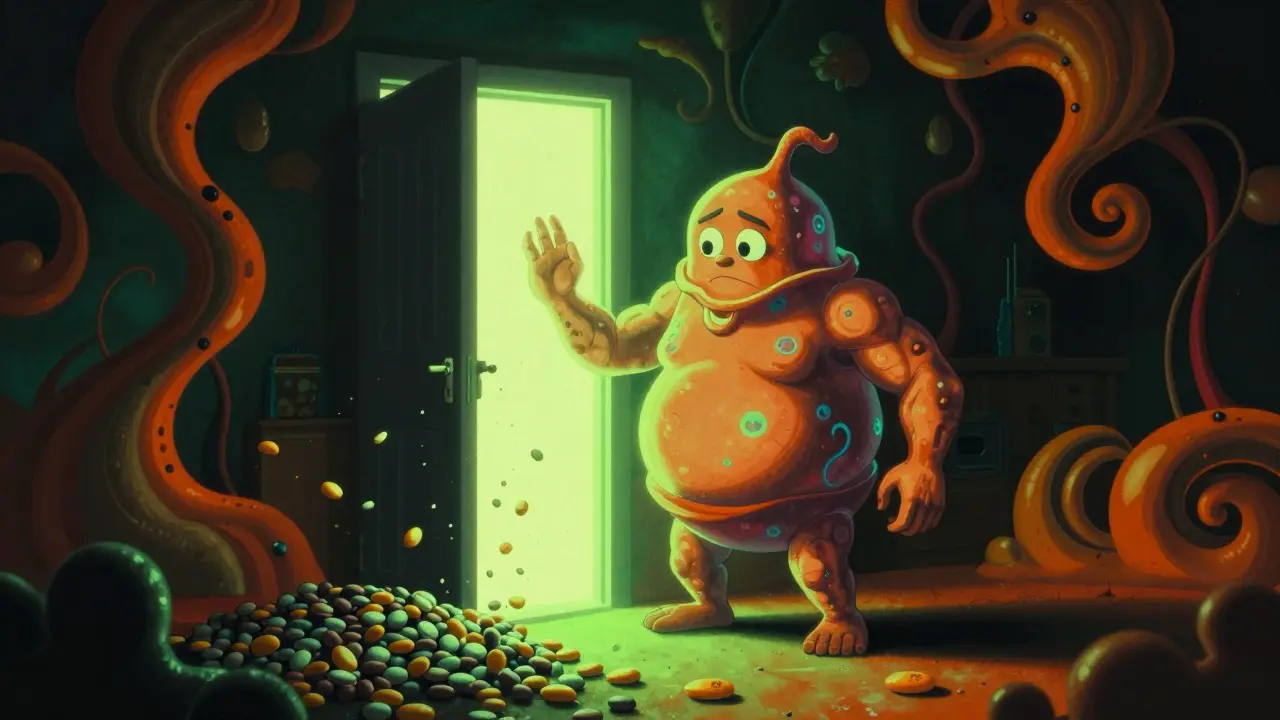 Stylized illustration of glucose molecules blocked from entering a muscle cell due to insulin resistance.