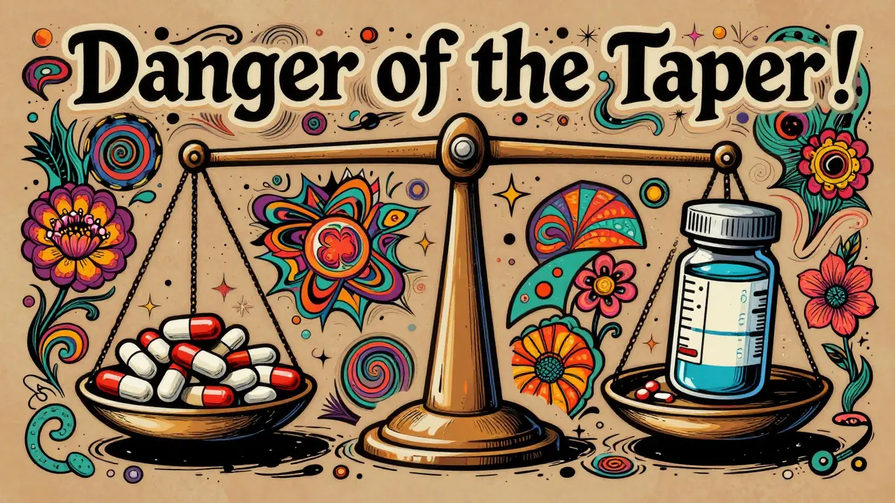 Surreal balance scale comparing decreasing steroid doses with insulin medication levels.