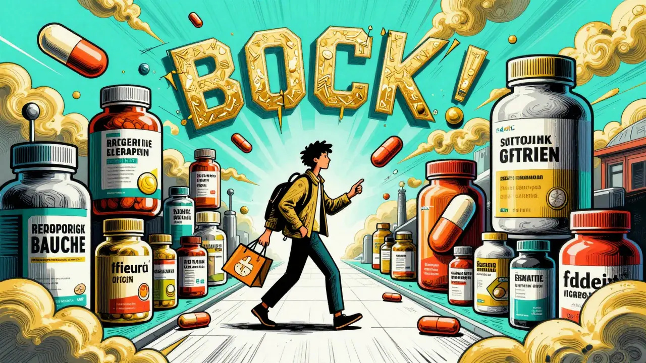 Surreal cartoon scene of a person shopping for supplements in a colorful digital landscape.