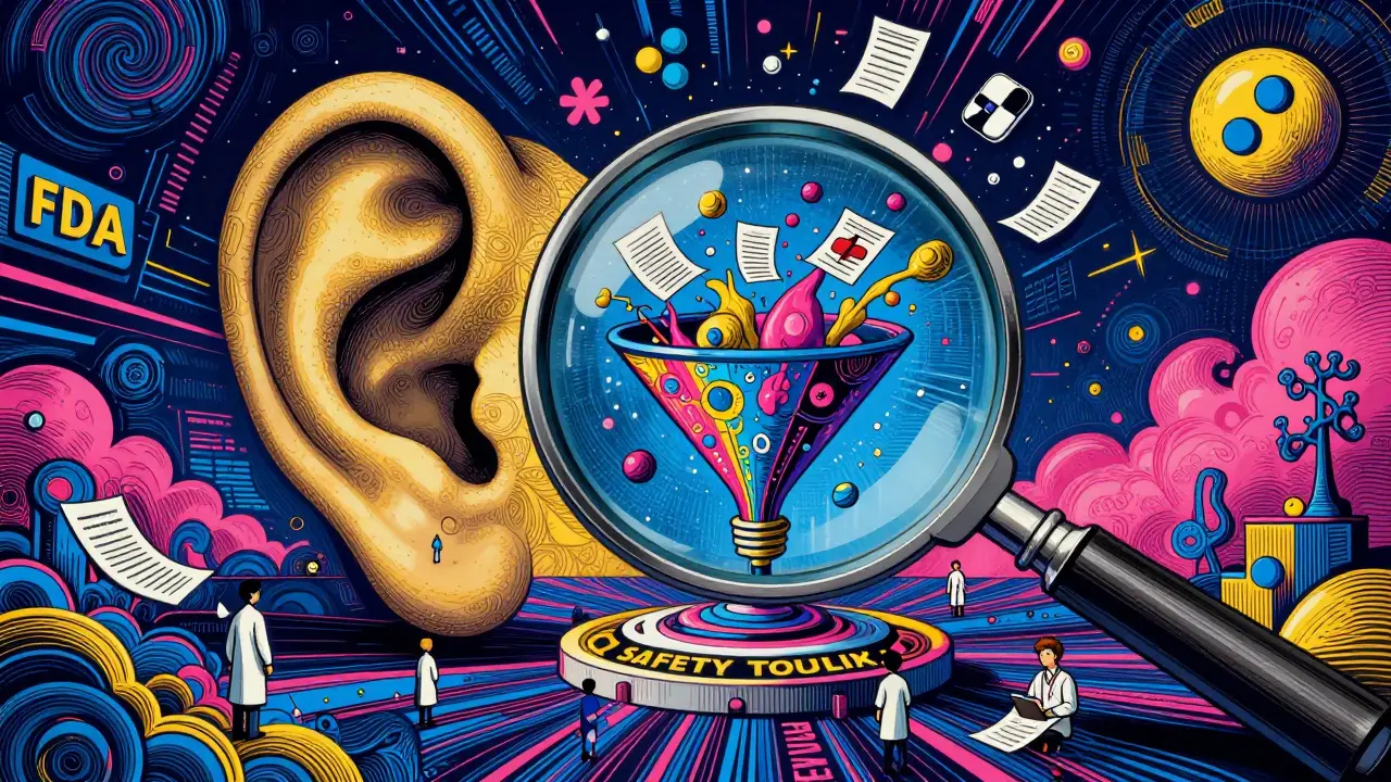 Surreal representation of FDA data monitoring with floating symbols and vivid colors.